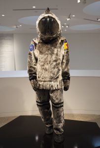 Jesse Tungilik Seal Skin Spacesuit, 2019, Seal skin, acrylic and beading, 183 x 60 x 50 cm.